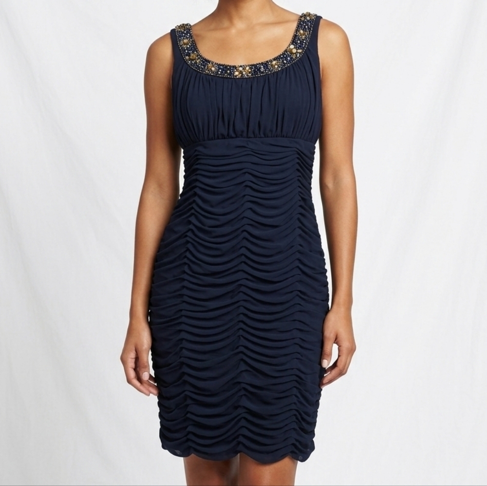 R&M Richards New  Navy Beaded Square Neck Ruched Midi Dress